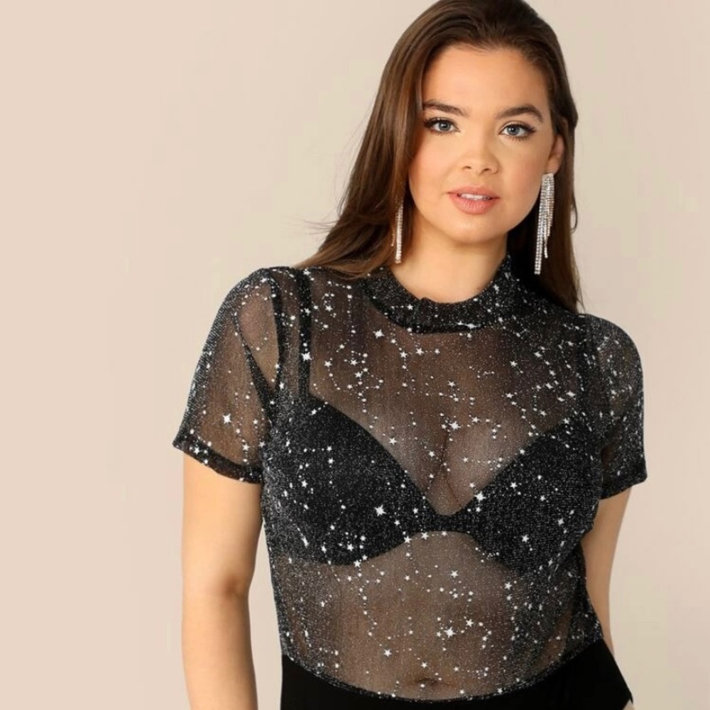 Plus Mock-neck Star Mesh Bodysuit